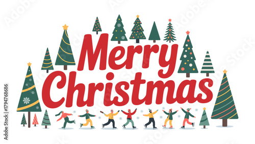 Holiday Cheer: An illustration of Merry Christmas with stylized trees and joyful figures conveys the festive spirit, perfect for holiday greetings.