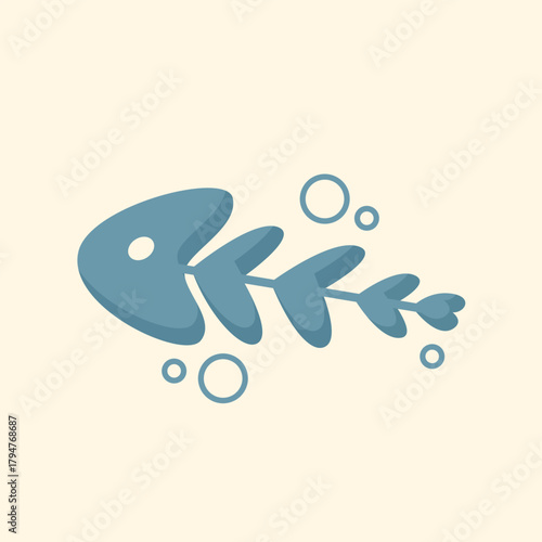 Stylized Fish Skeleton Vector Illustration. Minimalist Blue Fishbone Icon for Pet or Marine Design. Animal care and feeding concept