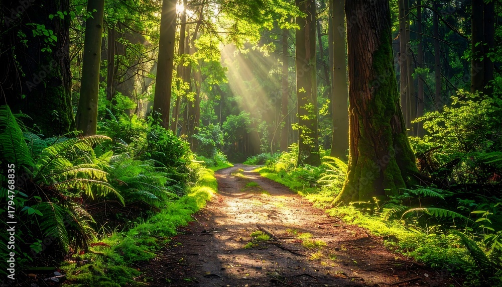 Obraz premium Sunlit dirt path winds through a lush, vibrant green forest with towering trees and dense foliage, illuminated by sunlight