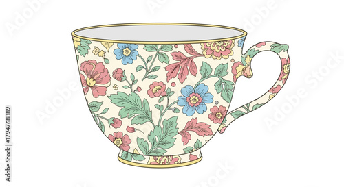 Elegant teacup illustration with vintage floral patterns for graphic design projects, invitations