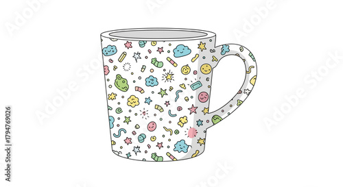 Whimsical mug with vibrant cartoon icons on a pristine white background isolated