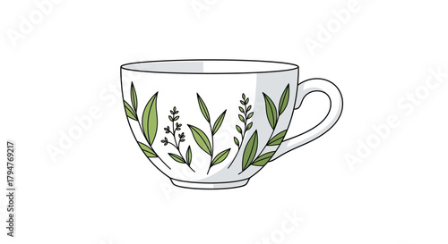 Elegant teacup illustration with botanical leaf decorations, suitable for cafe branding or tea