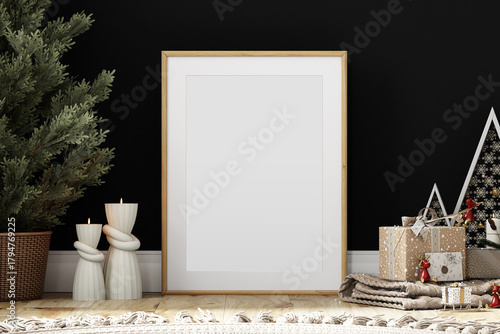 Interior mockup and frame mockup A4 in christmas home decor living room	
