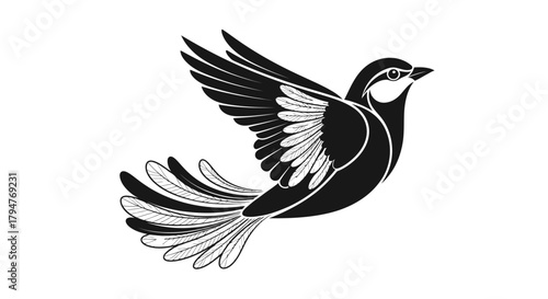 Graceful stylized bird in flight illustration conveys freedom and serenity through monochromatic