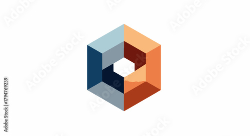Geometric form with polygonal structure using shades of blue and orange color gradients