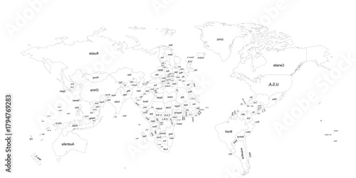 Detailed World Map Image: Crisp, Educational, Cartography Graphic, this monochrome illustration offers a precise depiction of global geography for educational purposes and international business needs