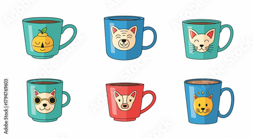 Collection of whimsical cups decorated with amusing animals and quirky designs concept