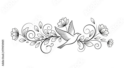Elegant avian floral scrollwork design for invitation cards and similar delicate templates