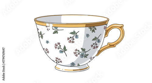 Delicate floral teacup illustration with golden rim and handle, a vintage aesthetic porcelain