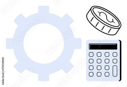 Gear, calculator, and coin signify financial planning, budgeting, and operations. Ideal for finance, business, organization money management strategy investments and productivity. Simple flat