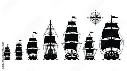 A black and white illustration of seven sailing ships arranged horizontally across the image 
