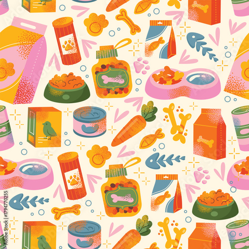 Seamless pattern with various pet food packages, cans, treats, bones, kibble and bowls. Flat vector illustration cartoon pet supplement meal snack. Animal care and feeding concept