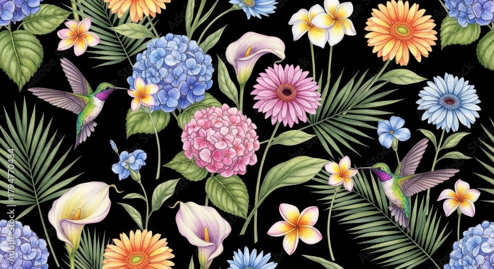 Fototapeta premium Lush floral arrangement with hummingbirds on dark backdrop creates captivating beauty