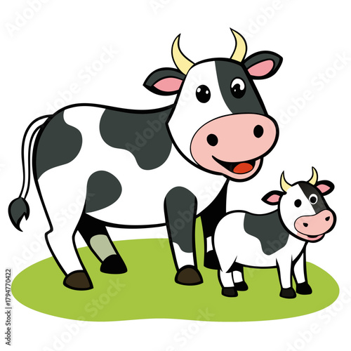 Cute cartoon mother cow and calf standing on green grass