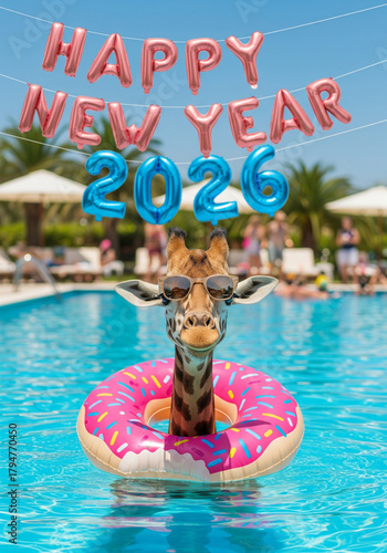 Summer Photo Giraffe celebrating the New Year 2026 with a donut float in a pool with happy new year balloons