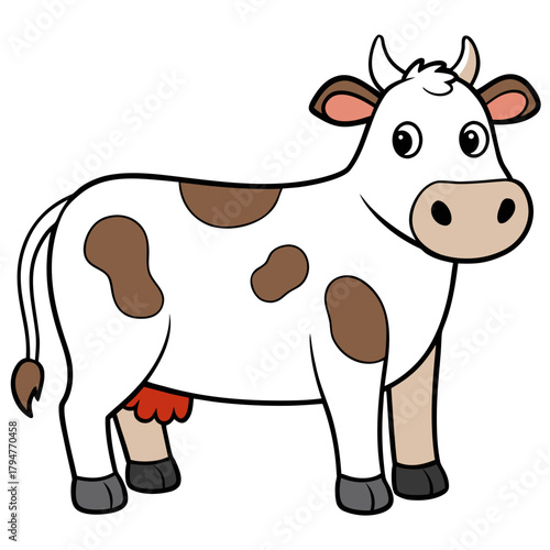Cute cartoon cow with brown spots standing on a white background