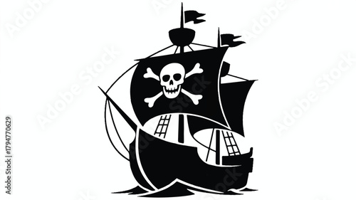 A black and white silhouette illustration of a pirate ship with a Jolly Roger flag 
