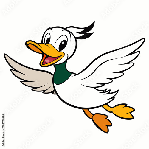 Happy cartoon duck flying with wings spread wide and legs extended