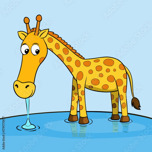 Cute cartoon giraffe drinking water from a puddle