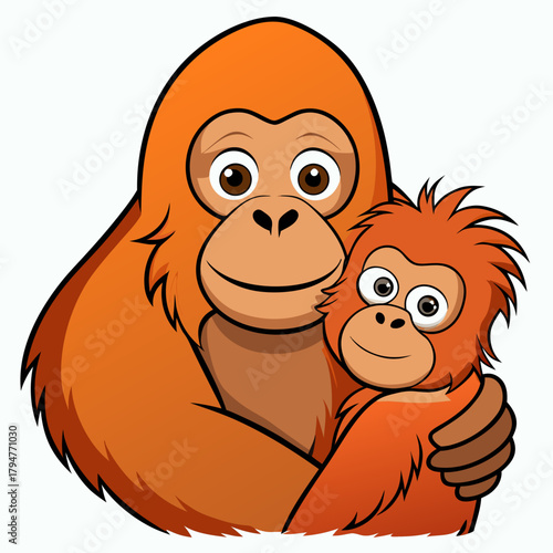 Cute cartoon orangutan mother hugging her baby orangutan