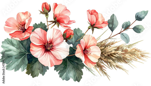 Watercolor floral arrangement with pink blooms, greenery, and dried grass