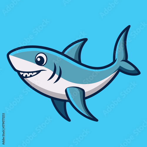 Cute cartoon shark smiling with sharp teeth on blue background