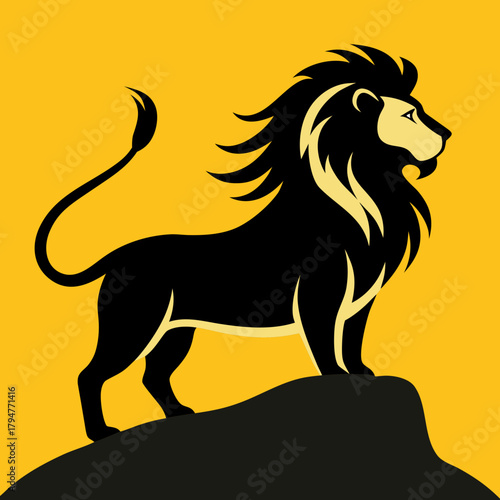 Majestic black lion standing proudly on a rock against yellow background