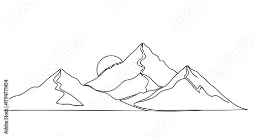 Minimalist mountain range illustration with sun rising or setting behind peaks