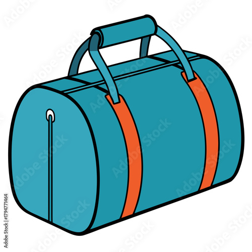 Turquoise duffel bag with orange straps and handles isolated on white background