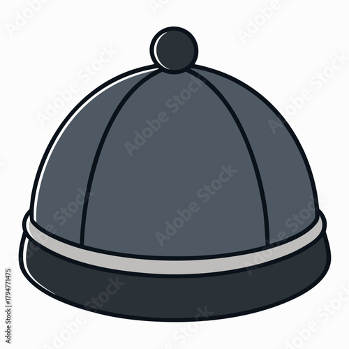 Simple cartoon style dark gray beanie hat with pom pom