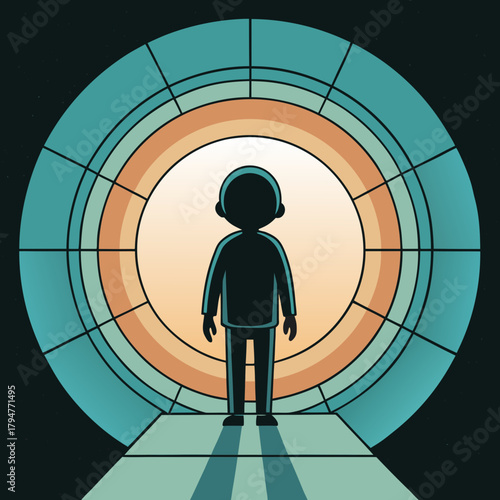 Silhouette of a person standing in a glowing circular portal