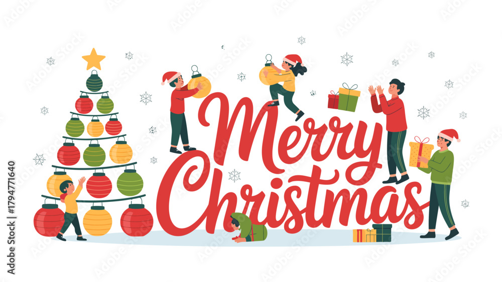 Fototapeta premium Festive Holiday Celebration: A charming depiction of a holiday celebration, featuring decorated tree with children in santa hat, embodies warmth and joy during a special time of year.