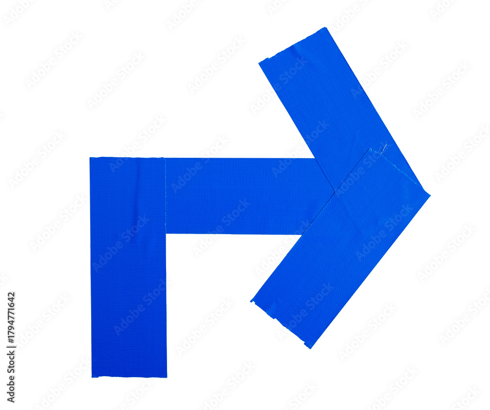 Obraz premium Blue adhesive sticky duct tapes in right pointing arrow shape isolated cutout in transparent background. Concept of navigation, direction symbol for path guide sign.