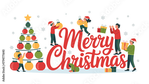 Festive Holiday Celebration: A charming depiction of a holiday celebration, featuring decorated tree with children in santa hat, embodies warmth and joy during a special time of year.