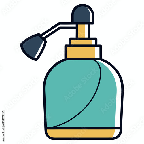 Stylized illustration of a teal perfume bottle with a gold accent and dark blue sprayer
