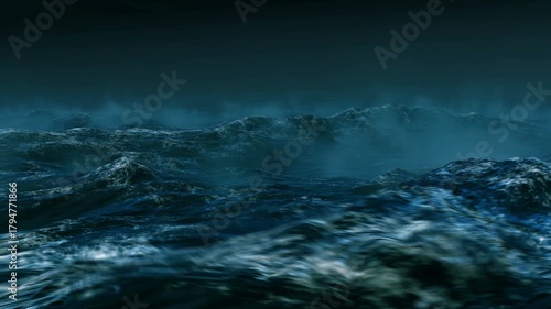 Stormy ocean at night, towering waves massive dark sea under low clouds, churning surf and foam, mist rising