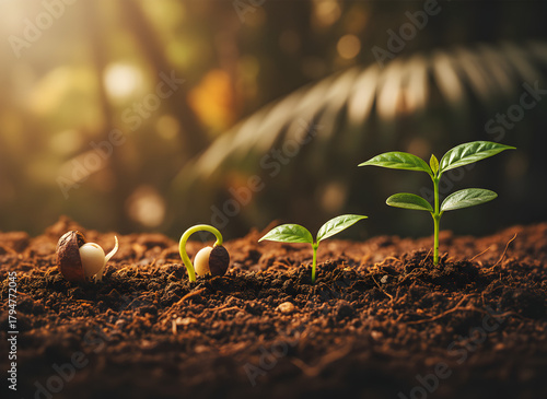 A vibrant, warm-toned horizontal composition illustrating the four critical stages of a coffee plant's early life. The series begins with the white seed shell splitting open, showcasing the radical an