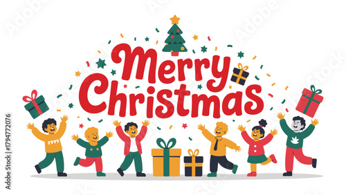 Joyous Christmas Celebration: Festive illustration depicts a gathering of children enthusiastically celebrating the Christmas season. Joyful and colorful illustration capturing the holiday spirit.