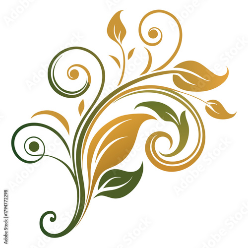 Elegant swirling floral design with green and gold leaves