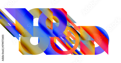 Abstract composition. Overlapping colorful shapes create dynamic visual effect. Bright hues dominate white background. Modern design.