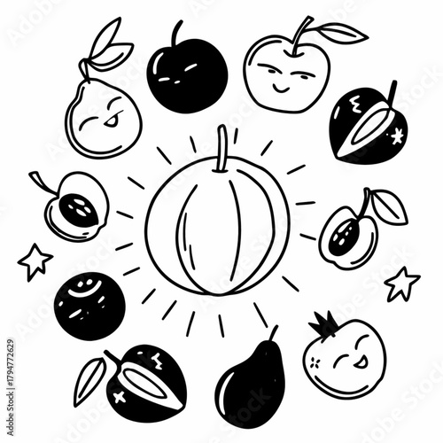 Minimilist collection of hand drawn fruits and stars arranged around a central shining melon illustration art vector