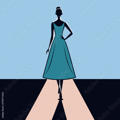 Elegant woman in teal dress on fashion runway