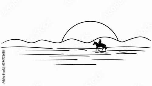 Minimilist silhouette of a horse rider in a landscape with hills and a setting sun in a minimalist style drawing vector