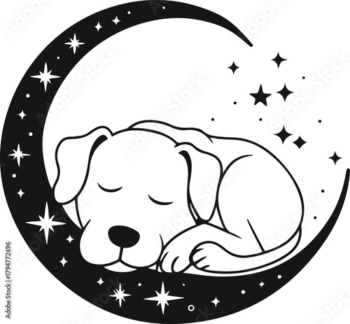 Dog sleeping inside a circular frame of stars, representing peace and loyalty, minimalist cosmic line art 2