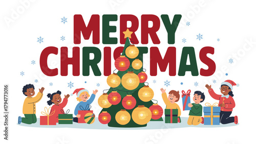 Holiday Cheer: Merry Christmas, a festive scene of joy. Children gather around a beautifully adorned Christmas tree, embracing the holiday spirit. This illustration captures the pure joy, cheer.
