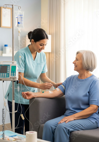 Nurse Administering IV Drip to Senior Patient at Home Healthcare, Medical Treatment, Infusion, Caregiver Support, Wellness.