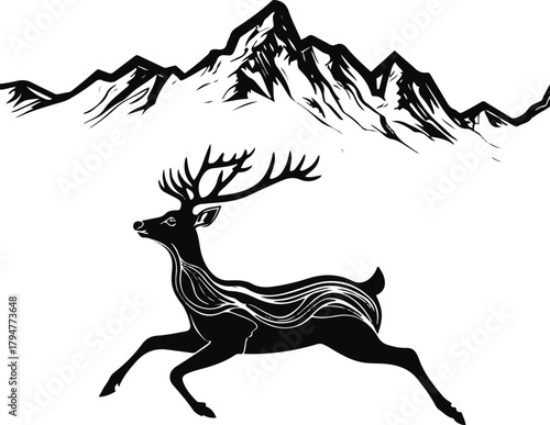 Continuous single line forming a leaping deer that transitions into mountain peaks — symbol of freedom and strength 1
