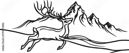 Continuous single line forming a leaping deer that transitions into mountain peaks — symbol of freedom and strength 2