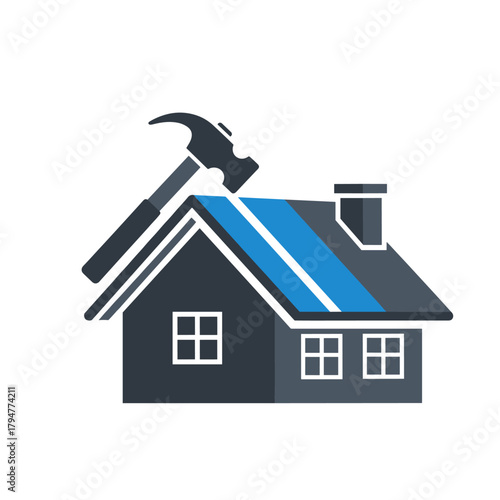 Detailed Roofing and Home Construction Logo Vector. Dark House Symbol with Bright Blue Accents and Large Hammer Icon on the Roof.