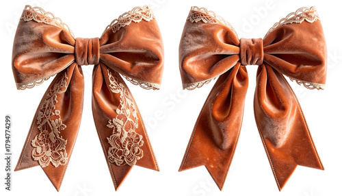 Two velvet bows, one with lace, in a warm orange hue, on a black backdrop